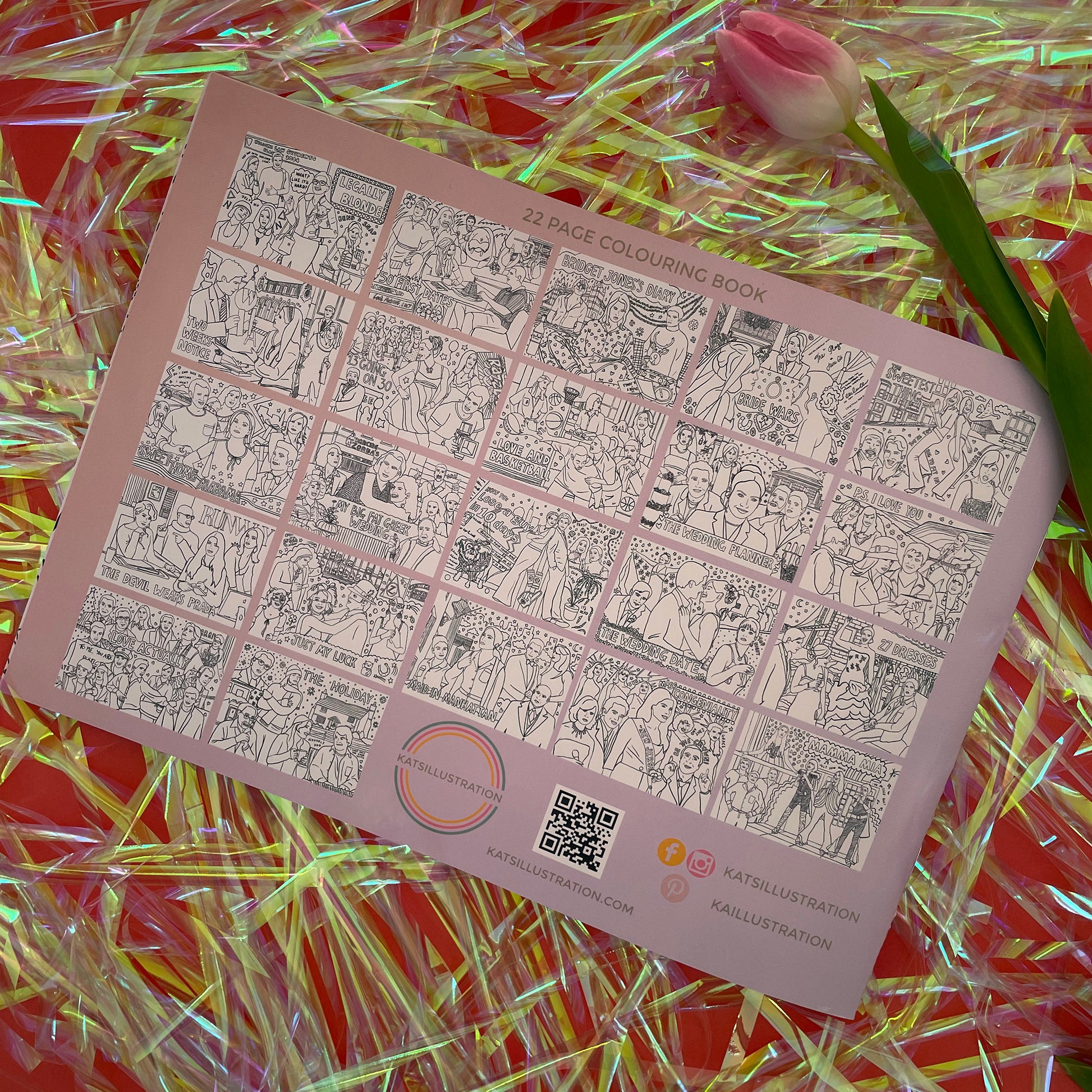 Image shows the back cover of a colouring book featuring illustrations inspired by 00s rom coms.