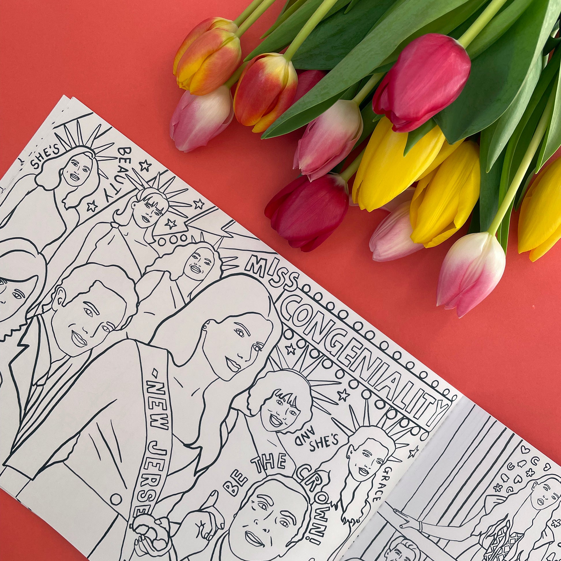 Image shows a page from a colouring book featuring illustrations inspired by 00s rom com Miss Congeniality.