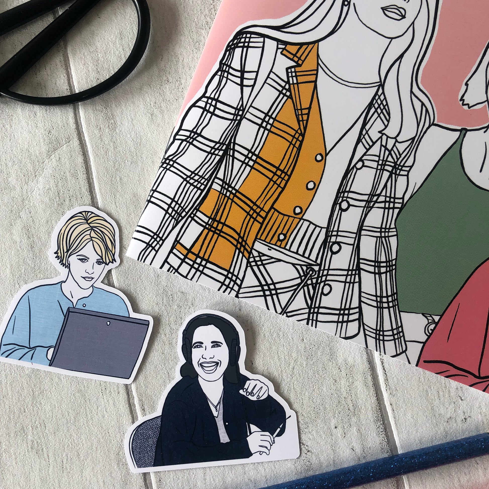 Image shows a fun set of stickers inspired by  90s rom com movies