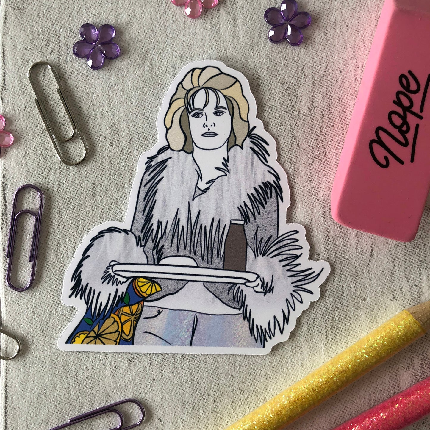 Image shows a single sticker from a fun set inspired by 90s rom com movies