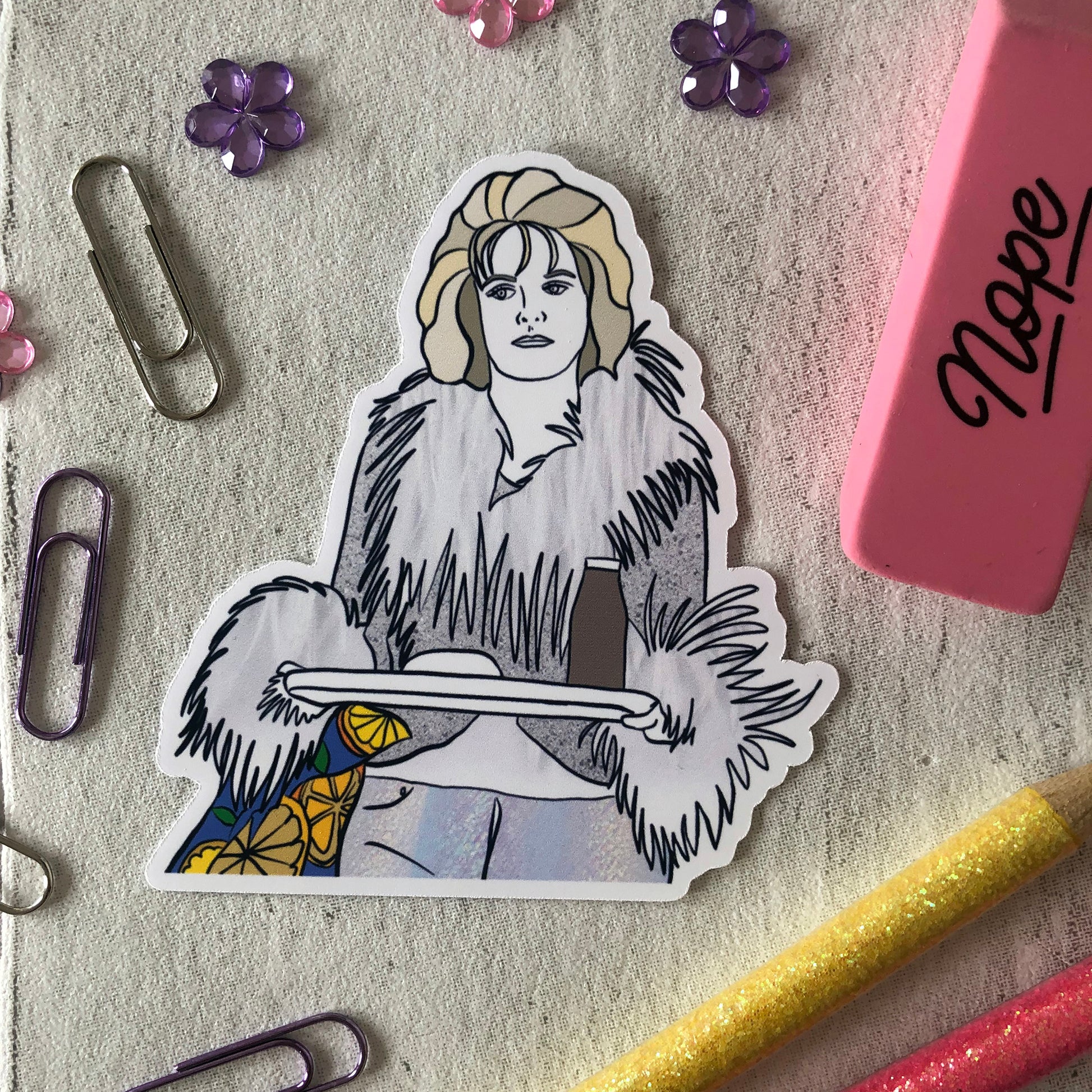 Image shows a single sticker from a fun set  inspired by  90s rom com movies