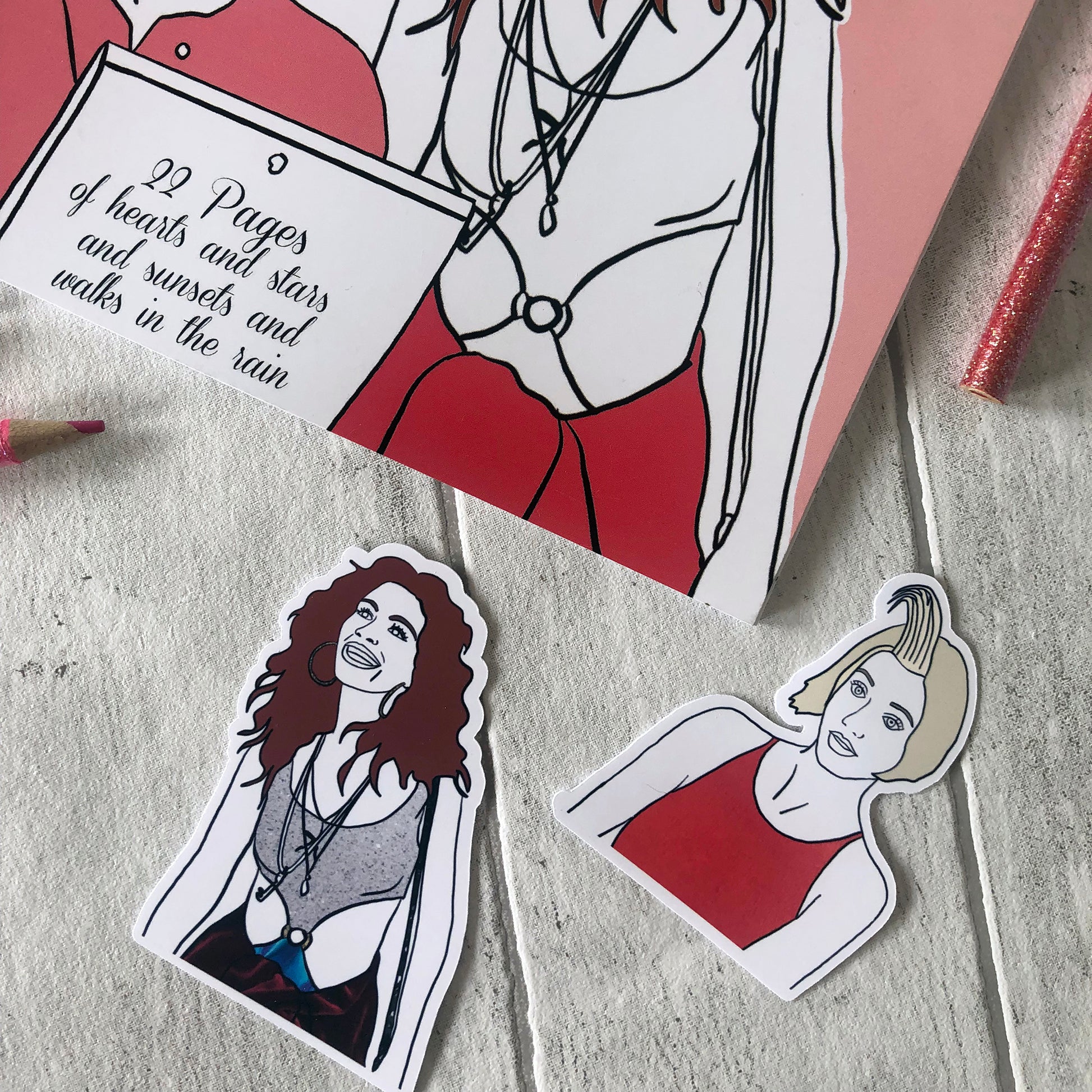 Image shows a fun set of stickers inspired by  90s rom com movies