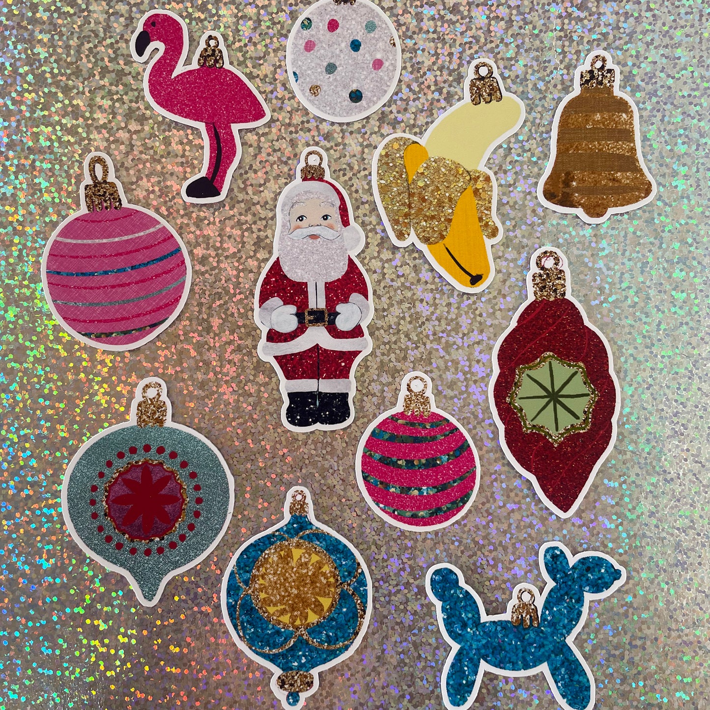 Image features a set of colourful Christmas stickers inspired by baubles.