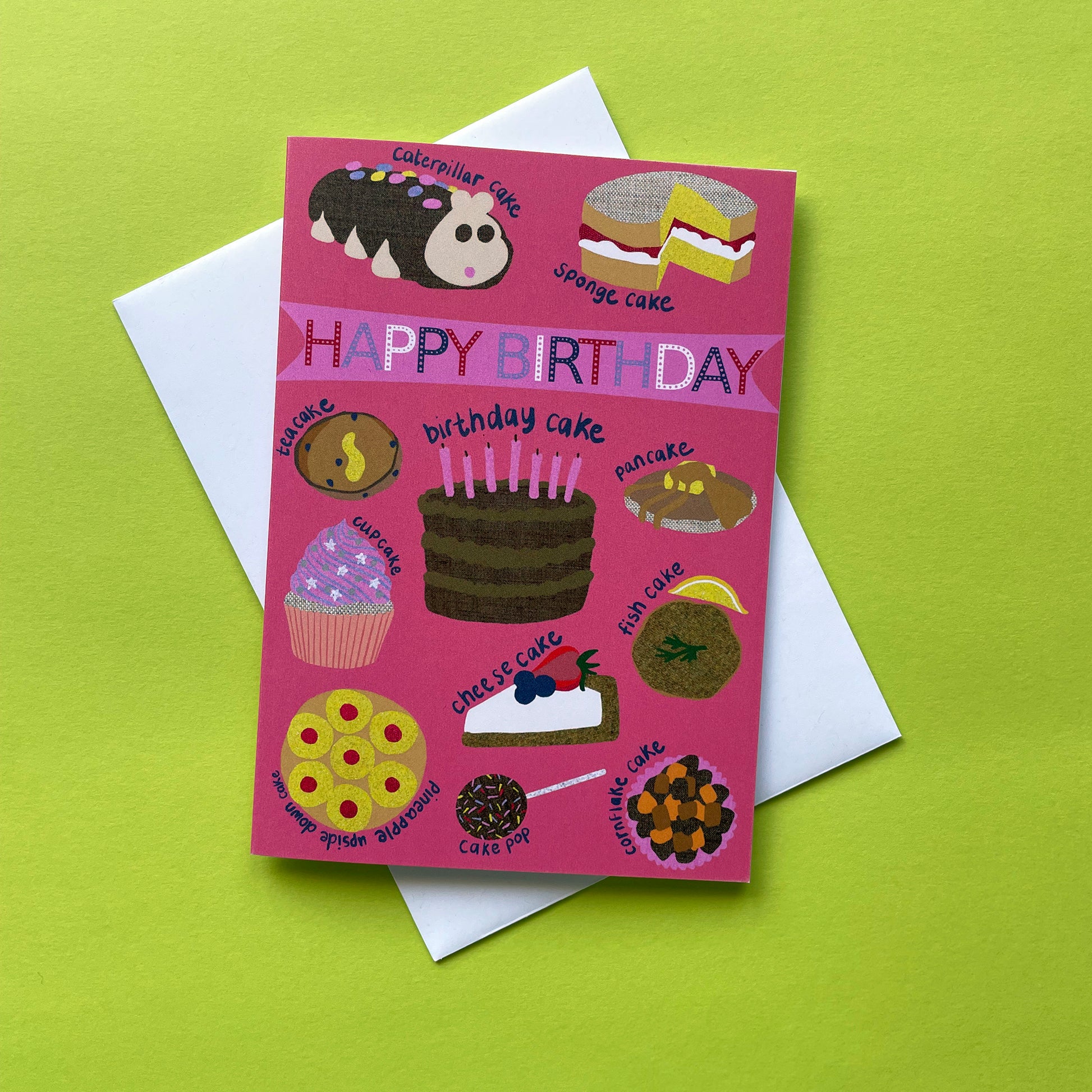 Image shows a pink birthday card with illustrations of different sorts of cakes and the words Happy Birthday
