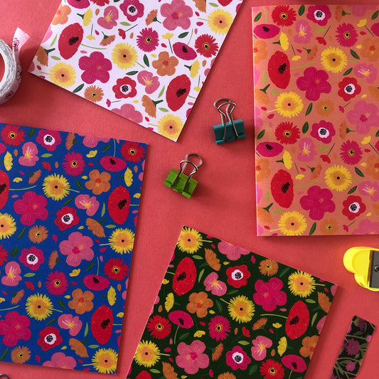 Image shows a set of 4 brightly coloured floral print notecards