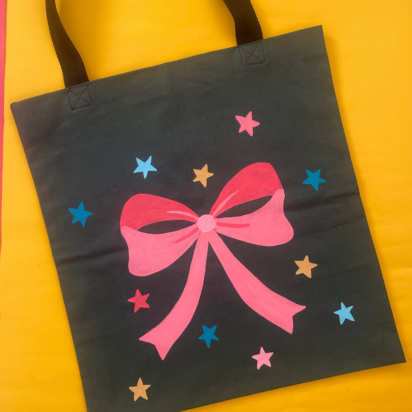 Bow - Hand Painted Green Canvas Tote Bag