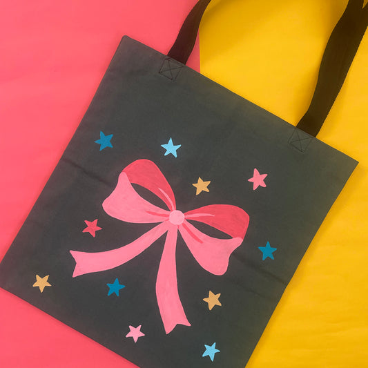 Bow - Hand Painted Green Canvas Tote Bag