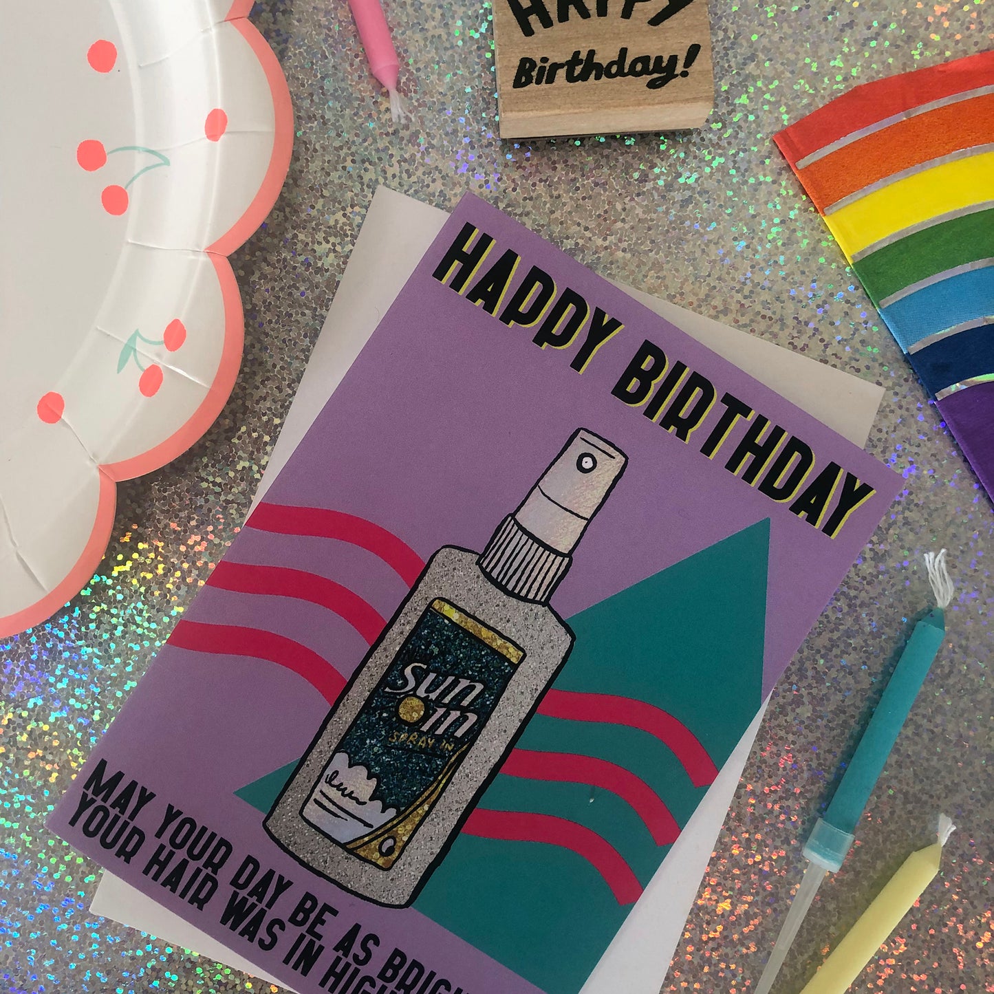 Lilac Birthday Card featuring an illustration of nineties cult beauty product sun in and the pun 'may your day be as bright as your hair was in high school.