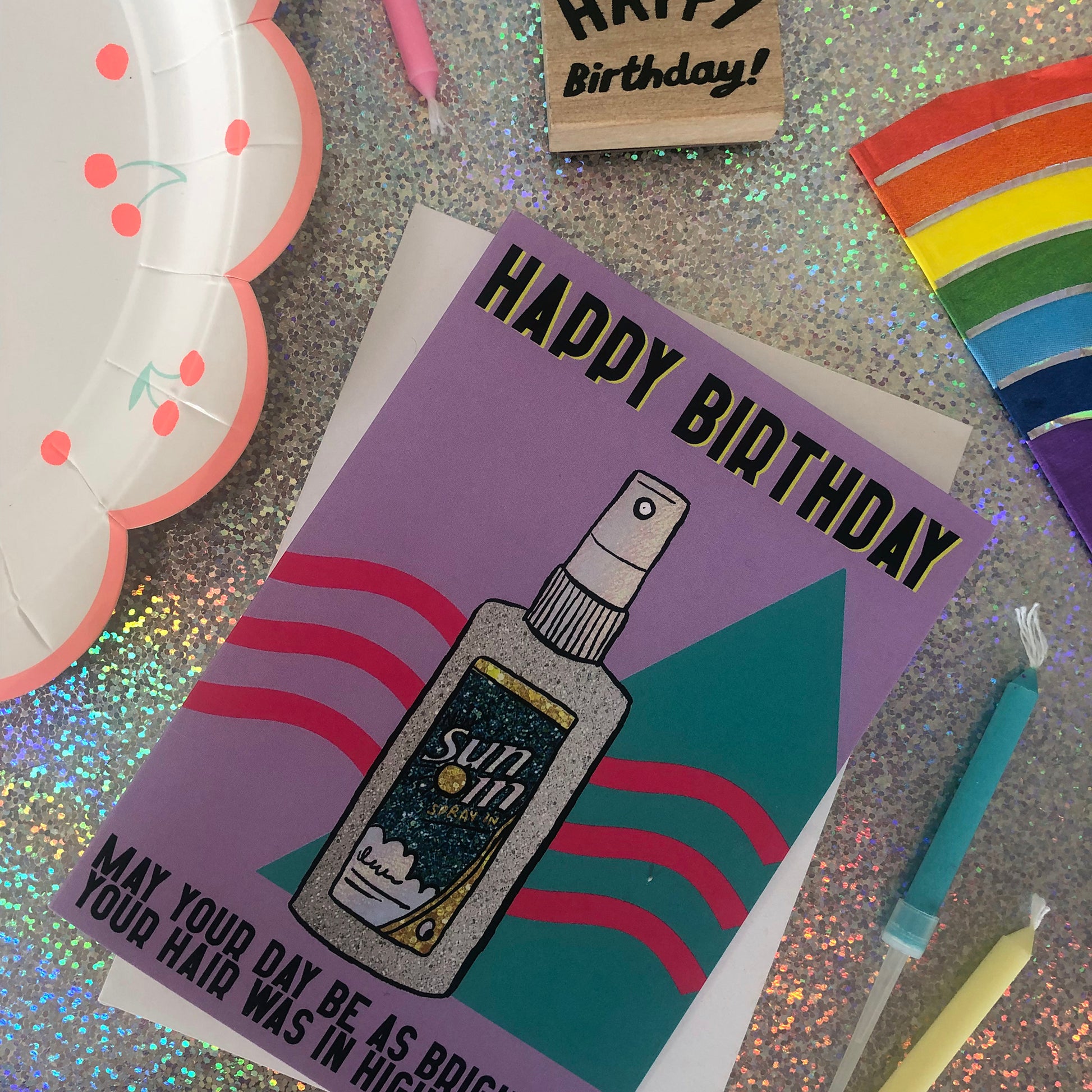 Lilac Birthday Card featuring an illustration of nineties cult beauty product sun in and the pun 'may your day be as bright as your hair was in high school.