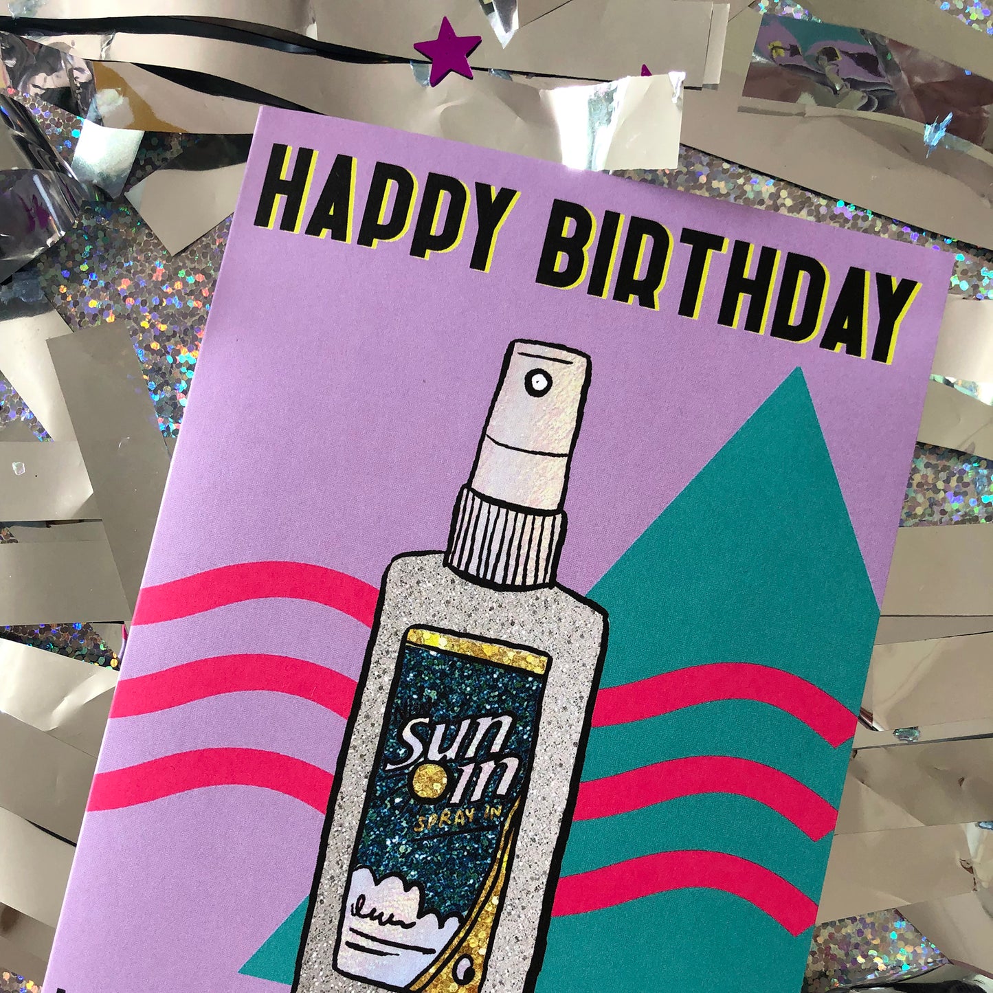 Lilac Birthday Card featuring an illustration of nineties cult beauty product sun in and the pun 'may your day be as bright as your hair was in high school.