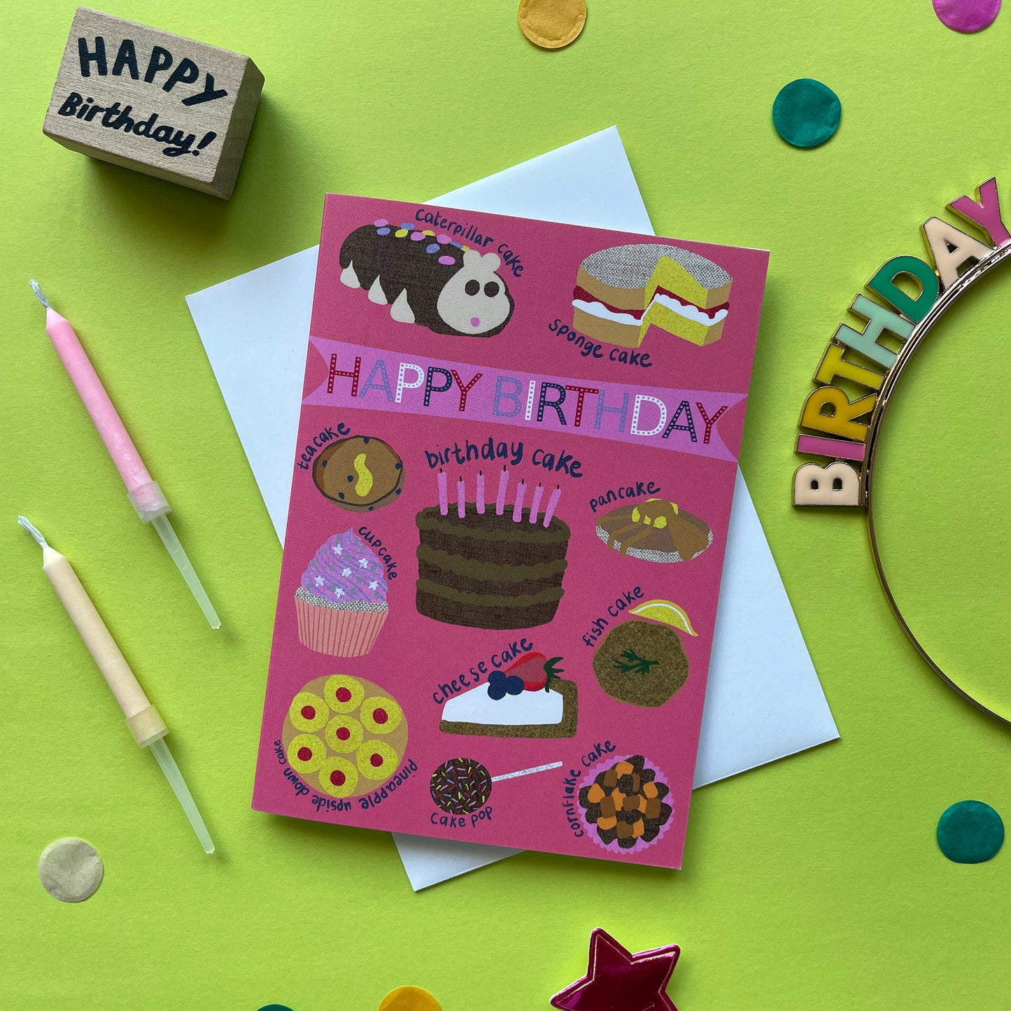 Image shows a pink birthday card with illustrations of different sorts of cakes and the words Happy Birthday