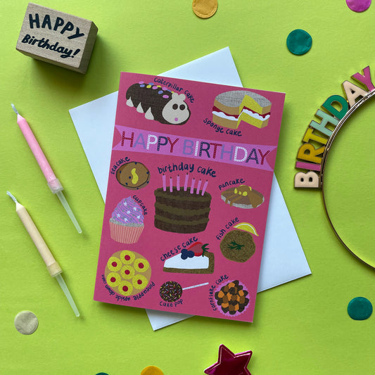 Image shows a pink birthday card with illustrations of different sorts of cakes and the words Happy Birthday