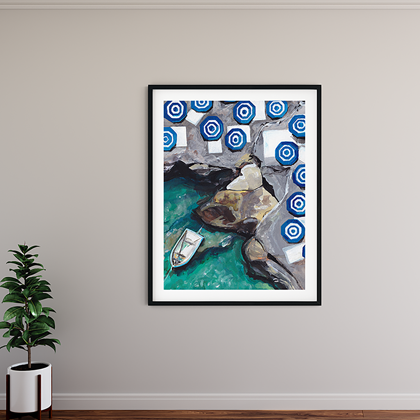 Image of a neutral wall with a framed print of a painting of capri featuring striped umbrellas and aqua water with rocks and a small boat.