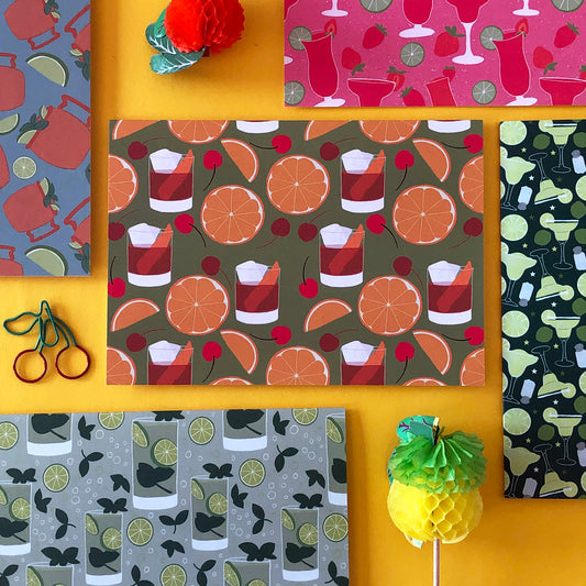 Image shows a set of 5 colourful, illustrated cocktail print notecards.