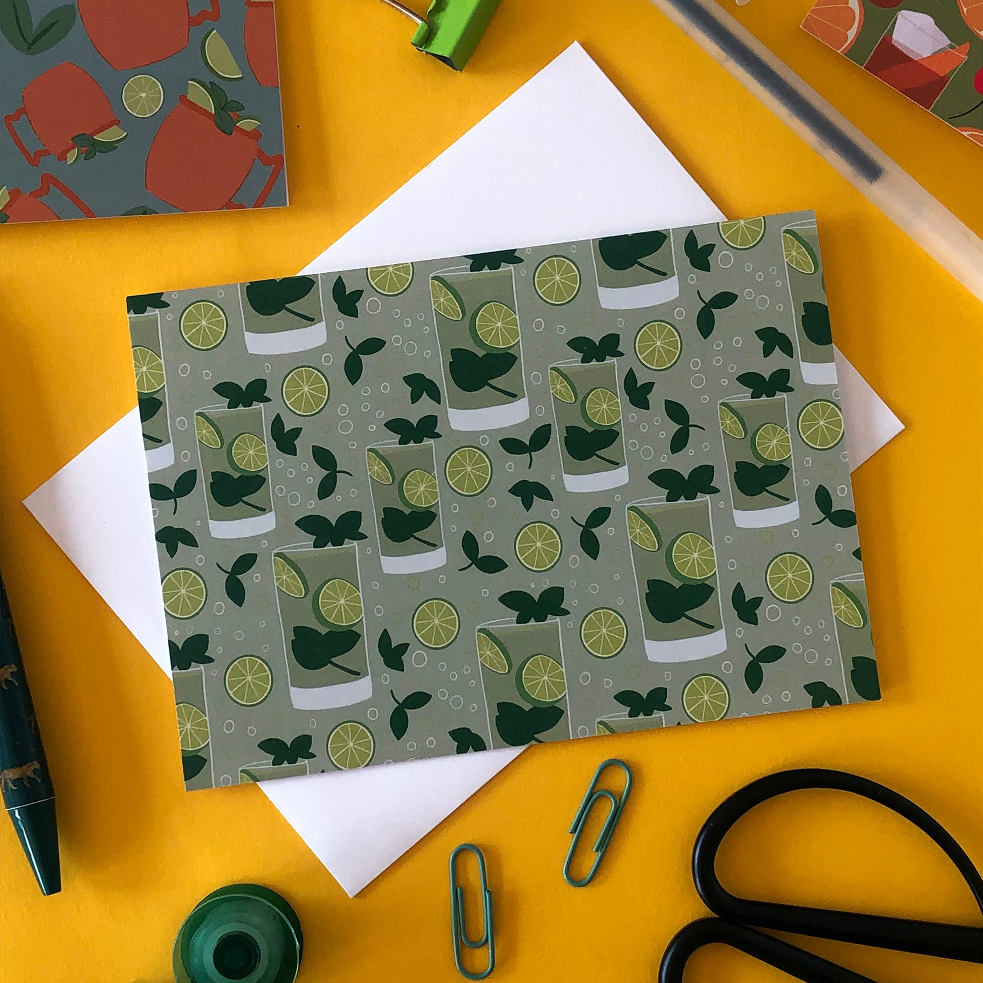 Image shows a illustrated mojito cocktail print notecard