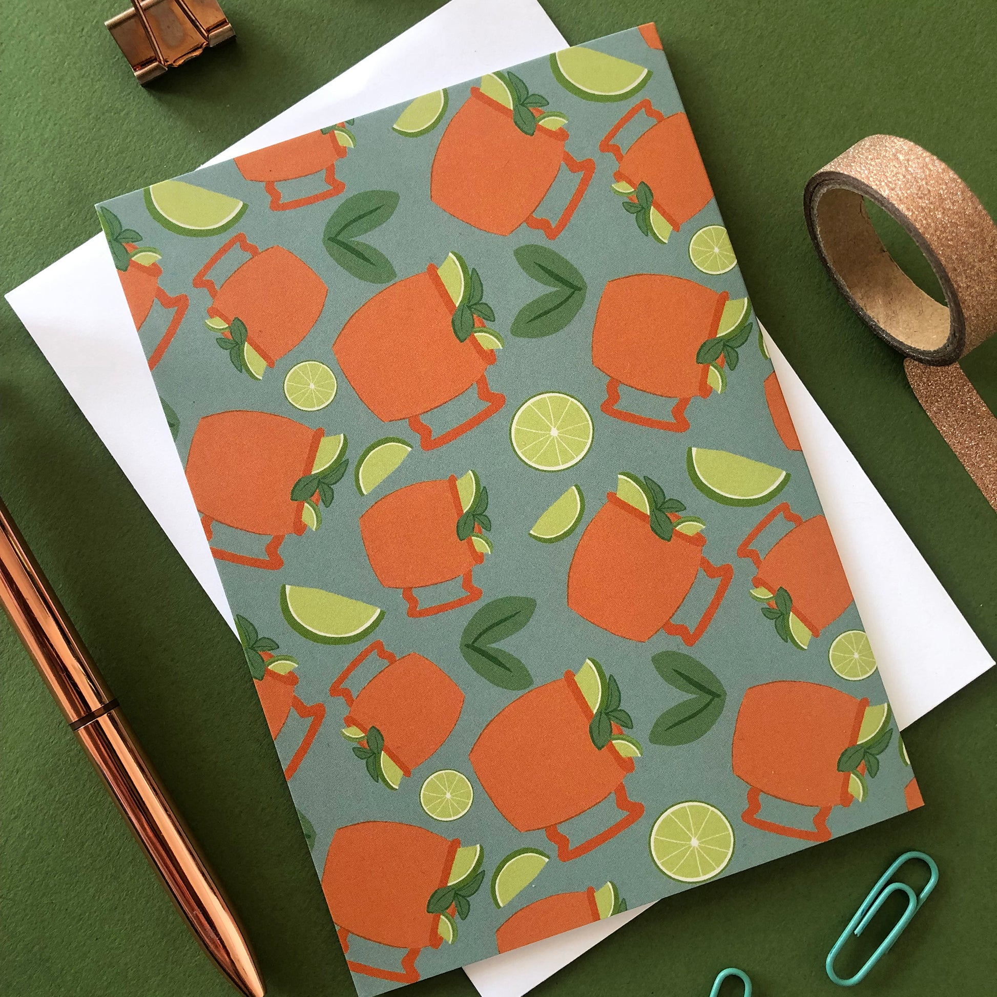 Image shows a illustrated moscow mule cocktail print notecard