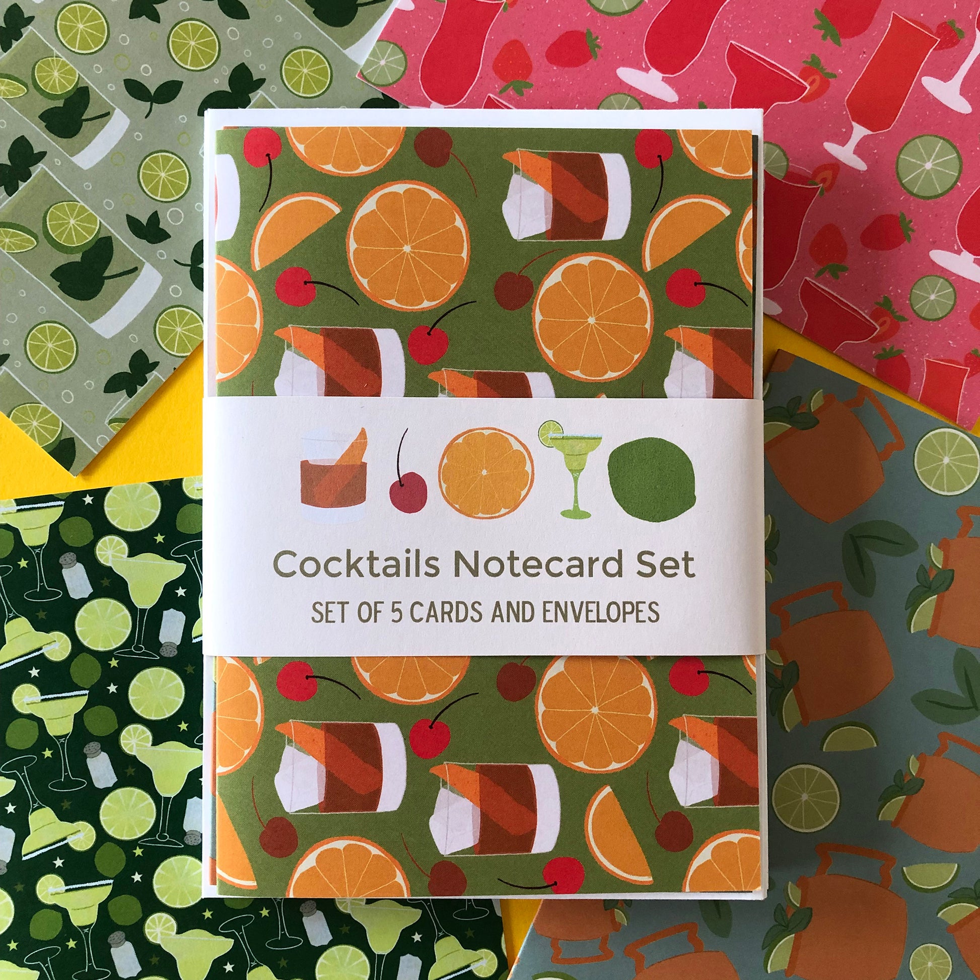 Image shows a set of 5 colourful, illustrated cocktail print notecards.