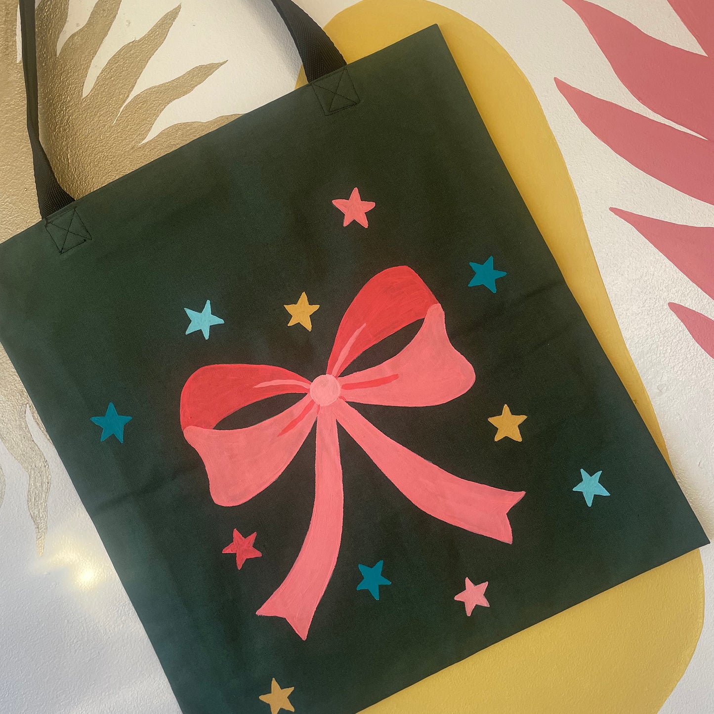 Bow - Hand Painted Green Canvas Tote Bag