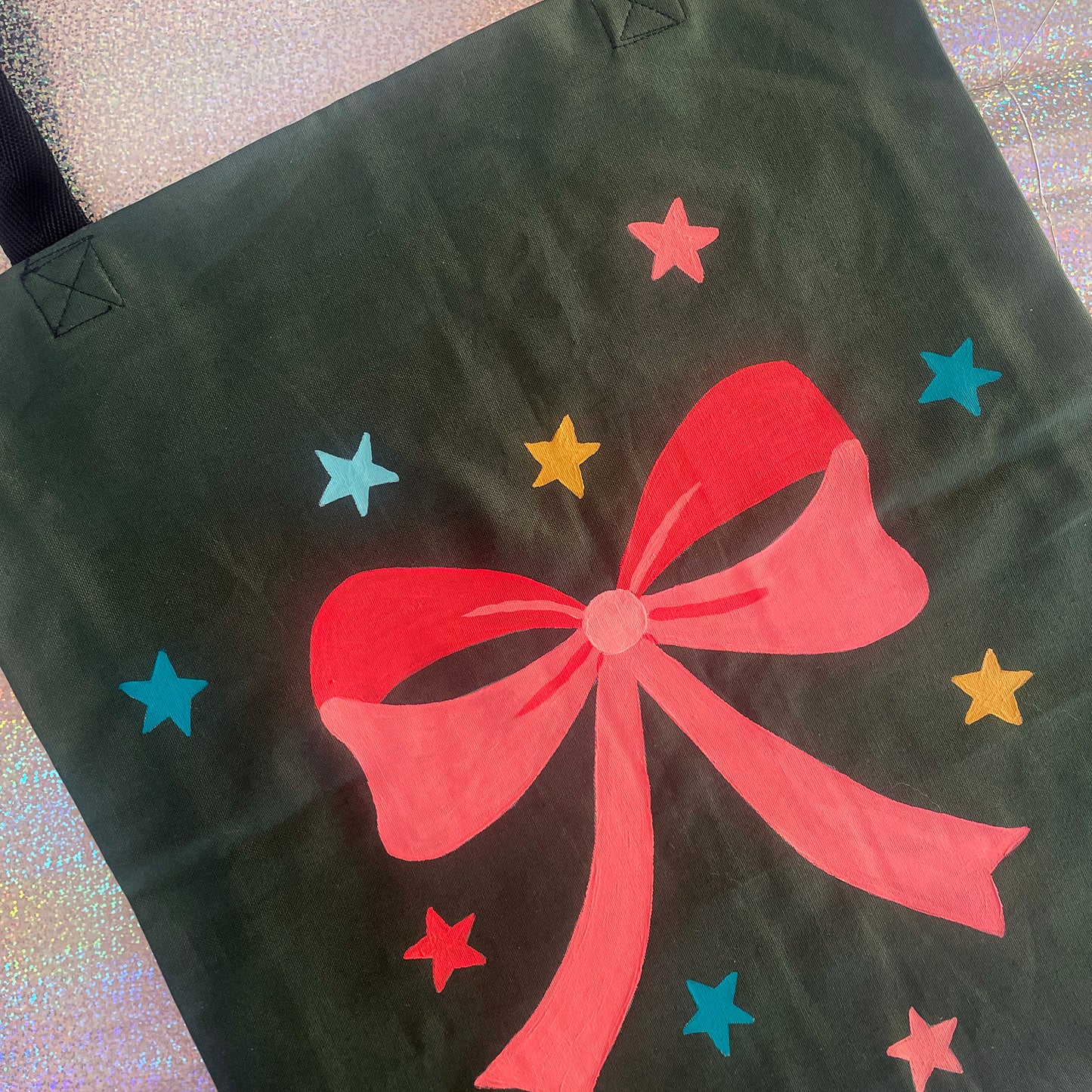 Bow - Hand Painted Green Canvas Tote Bag