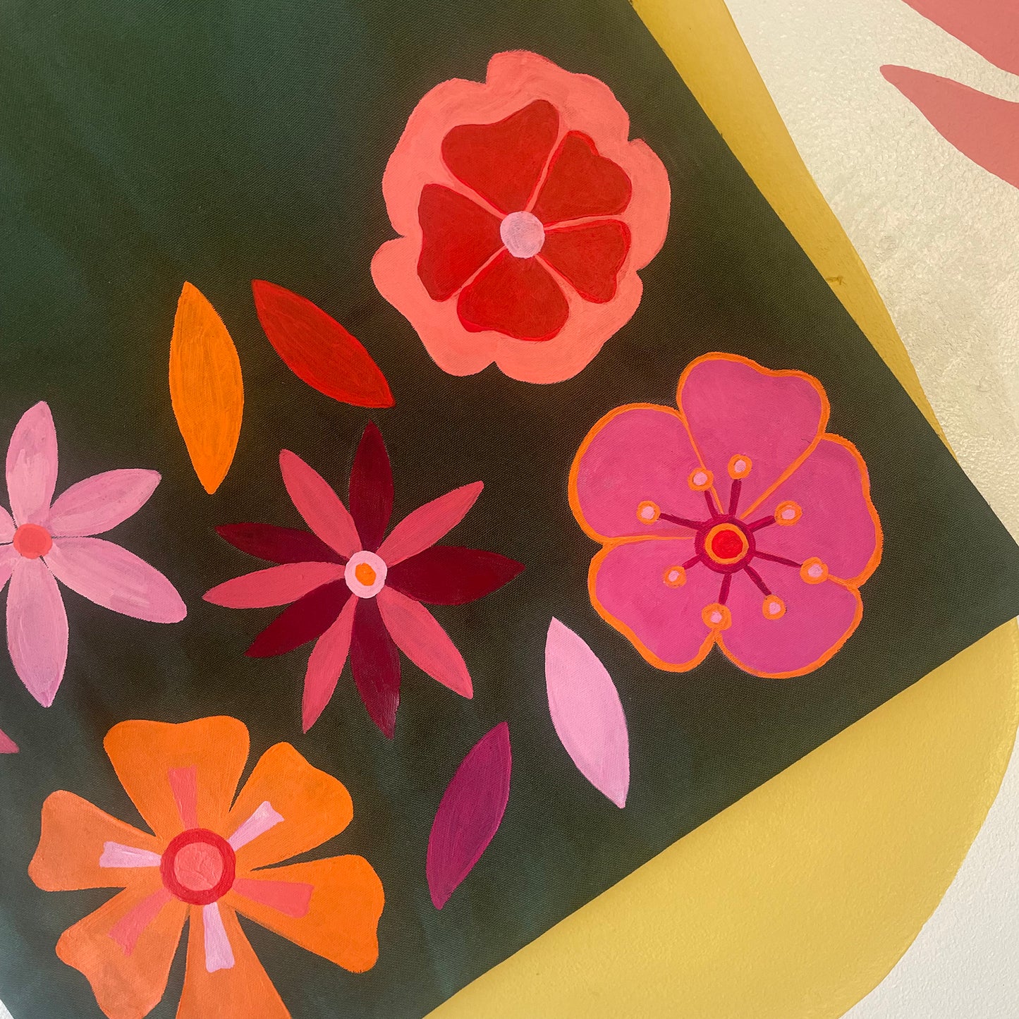Flowers - Hand Painted Green Canvas Tote Bag