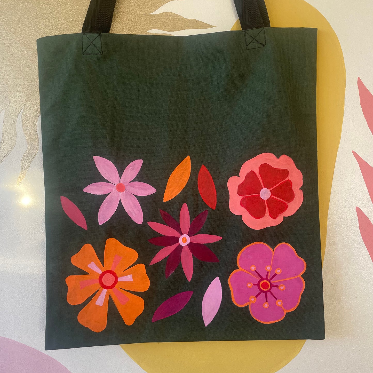 Flowers - Hand Painted Green Canvas Tote Bag