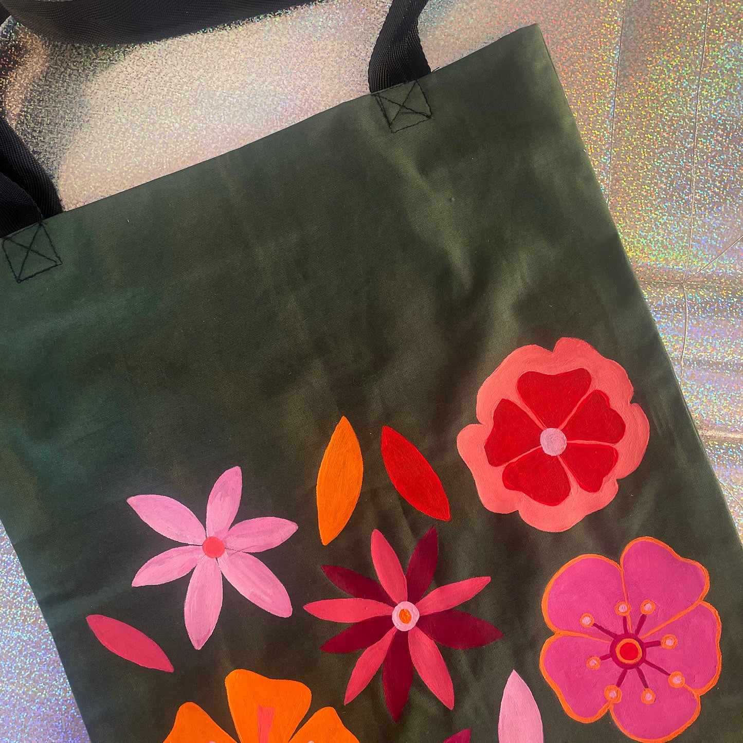 Flowers - Hand Painted Green Canvas Tote Bag