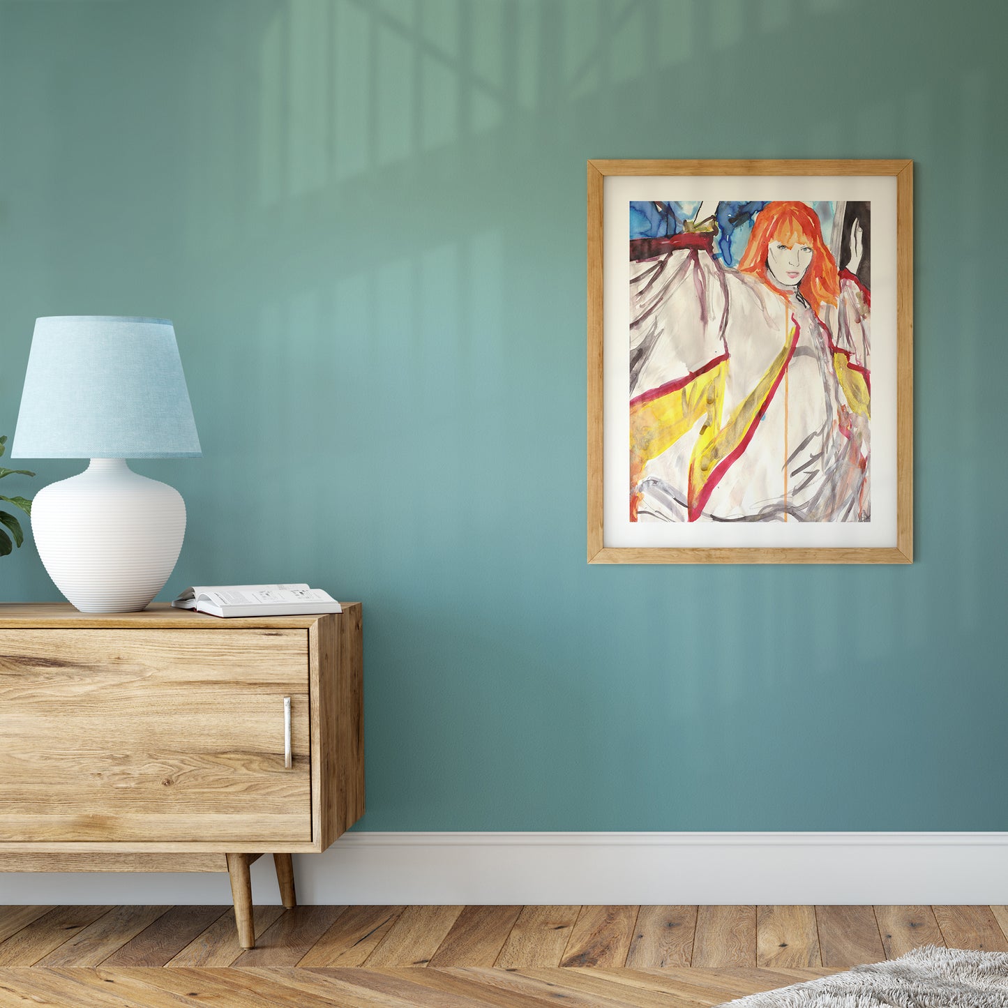 Image shows a loose style ink portrait of Florence Welch in orange, yellow, red and blue