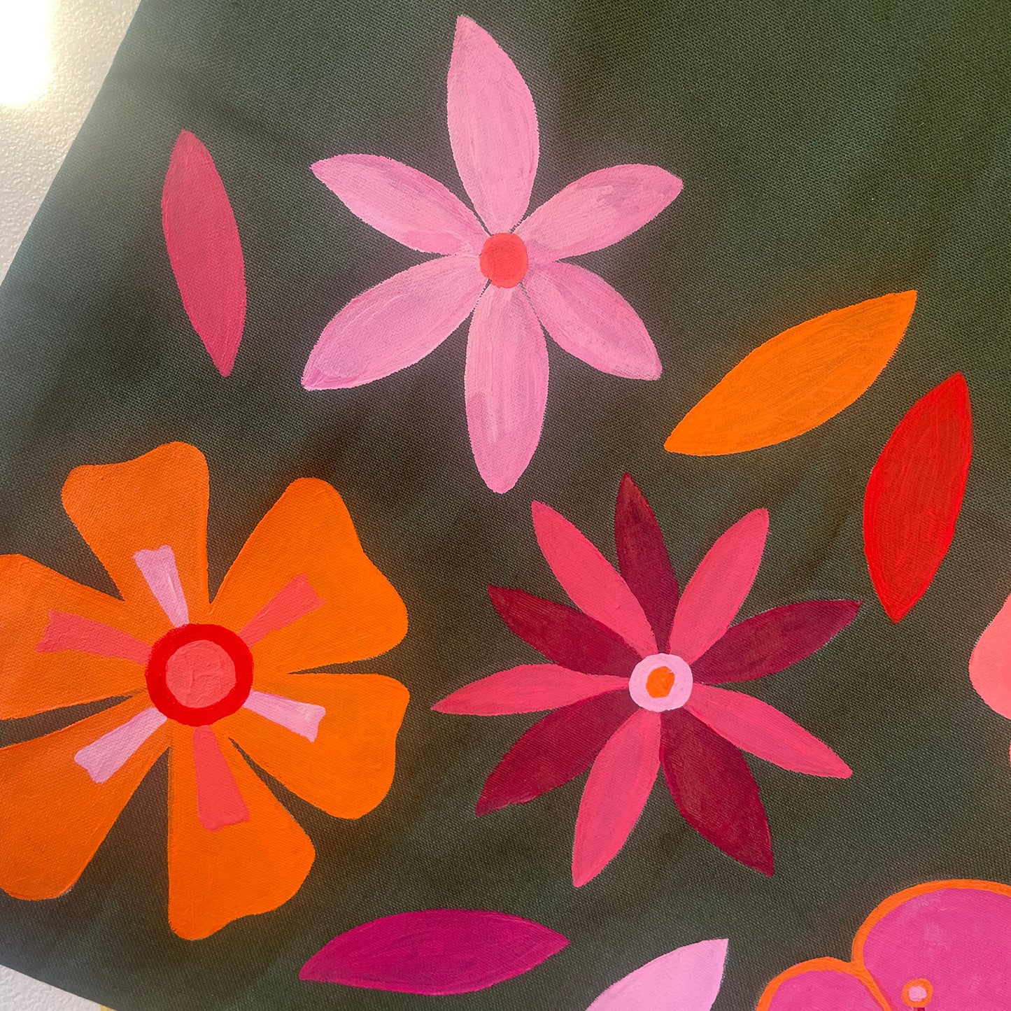 Flowers - Hand Painted Green Canvas Tote Bag