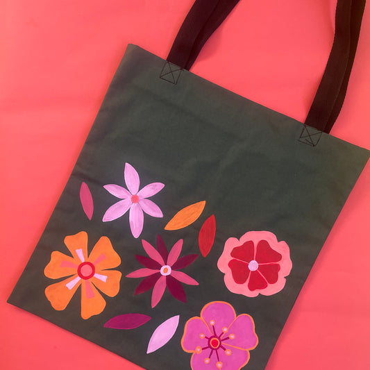 Flowers - Hand Painted Green Canvas Tote Bag
