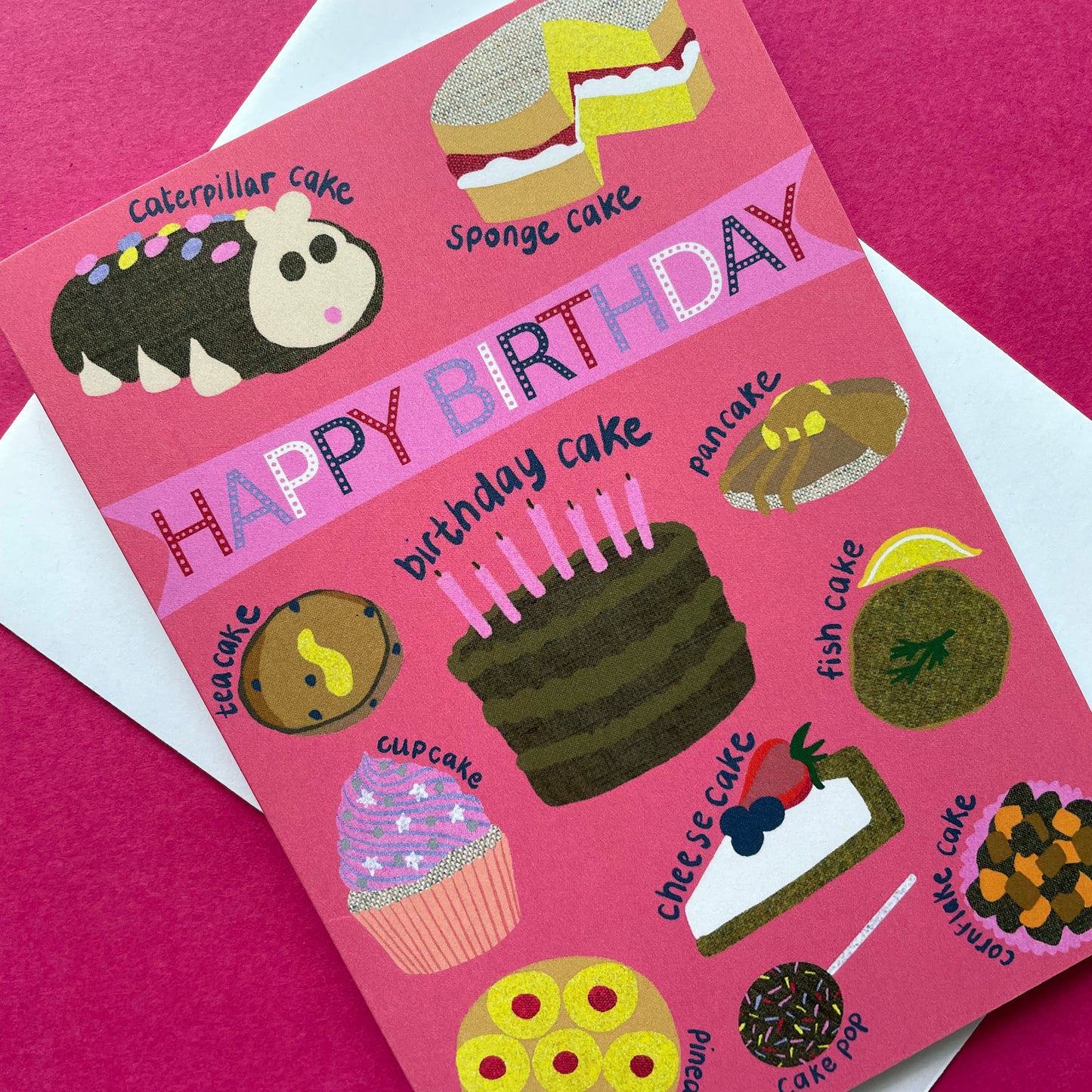 Image shows a pink birthday card with illustrations of different sorts of cakes and the words Happy Birthday