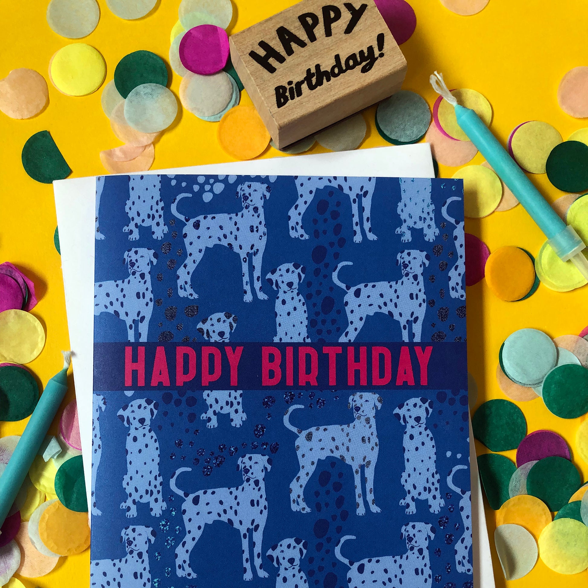 Blue Dalmatian print birthday card featuring a cute dog design on a blue background.