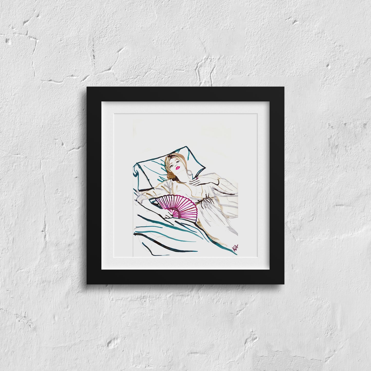 Image of a framed piece of art. An ink illustration of a woman lying on a bed with a fan. Hand drawn in drawing inks.