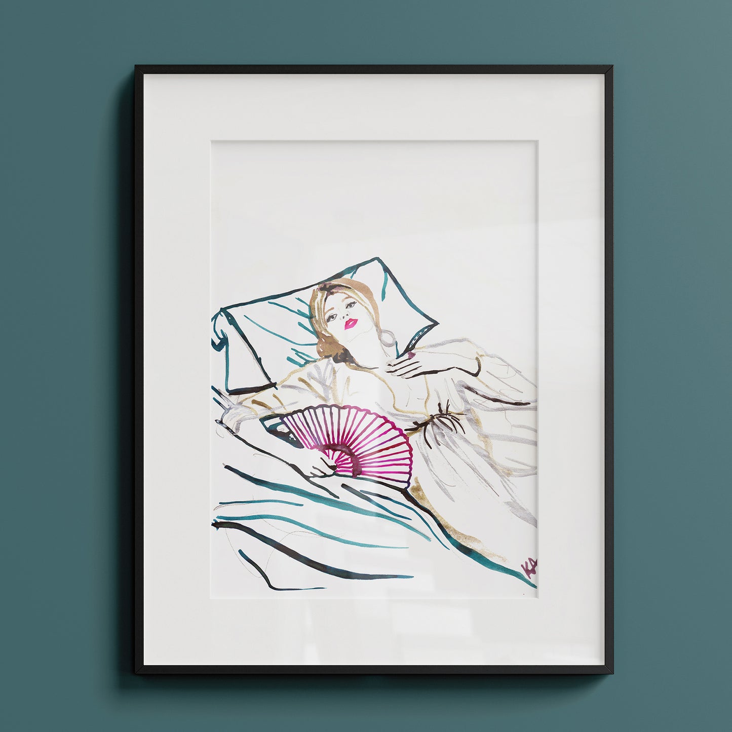 Image of a framed piece of art. An ink illustration of a woman lying on a bed with a fan. Hand drawn in drawing inks.