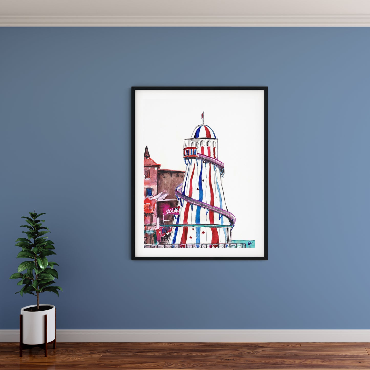 Image shows a framed ink illustration of a Helter Skelter with blue and red stripes