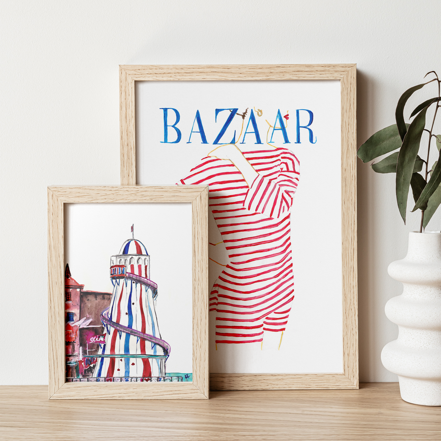 Image shows a framed ink illustration of a Helter Skelter with blue and red stripes