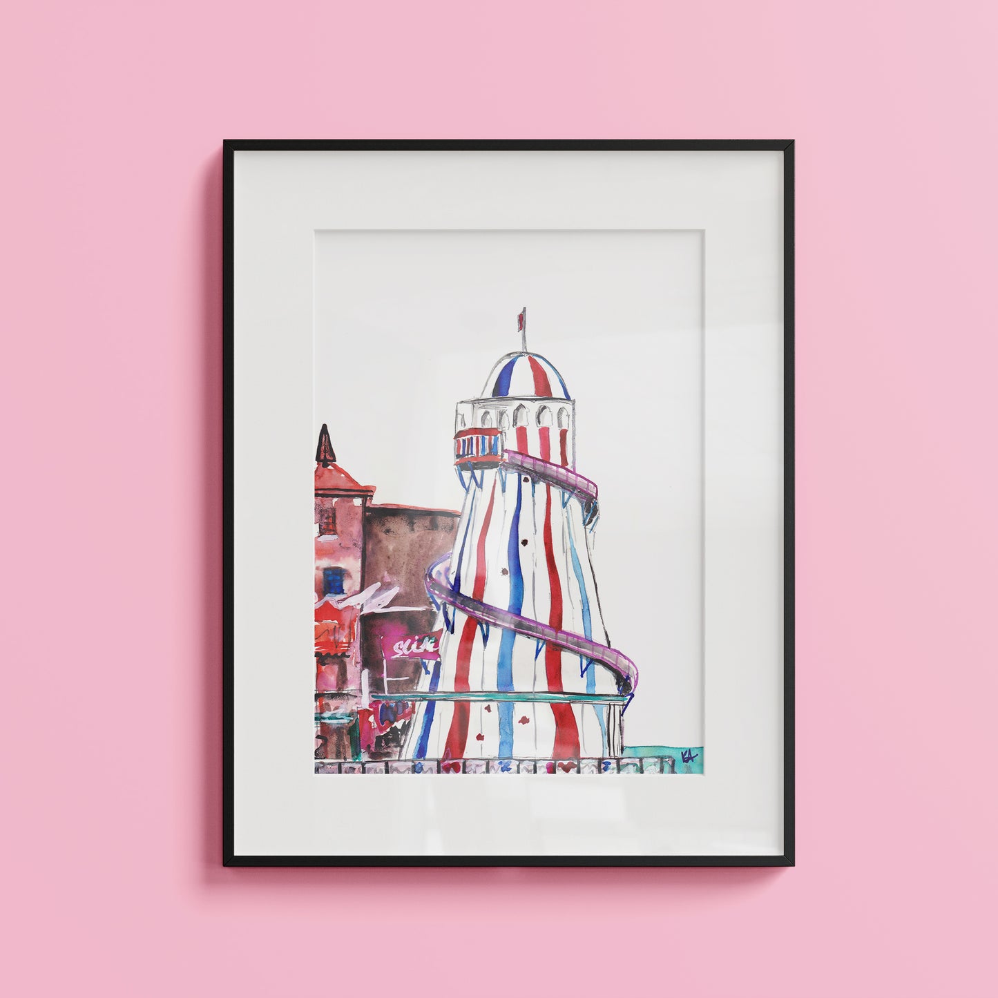 Image shows a framed ink illustration of a Helter Skelter with blue and red stripes