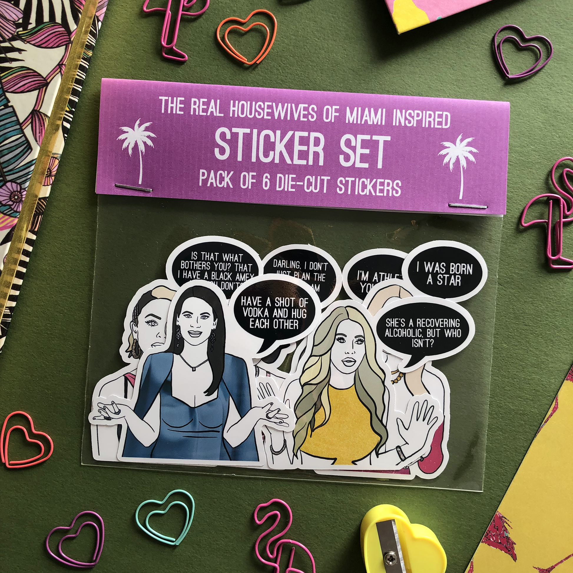 Image shows a fun set of stickers inspired by the real housewives of Miami and their most dramatic quotes