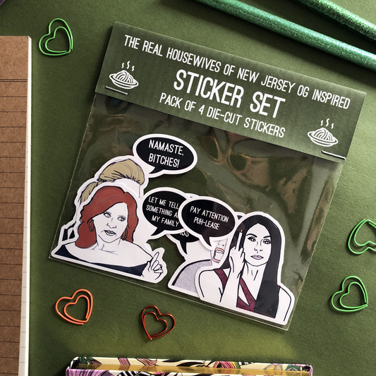Image shows a collection of stickers inspired by OG housewives from reality tv series the Real Housewives of New Jersey