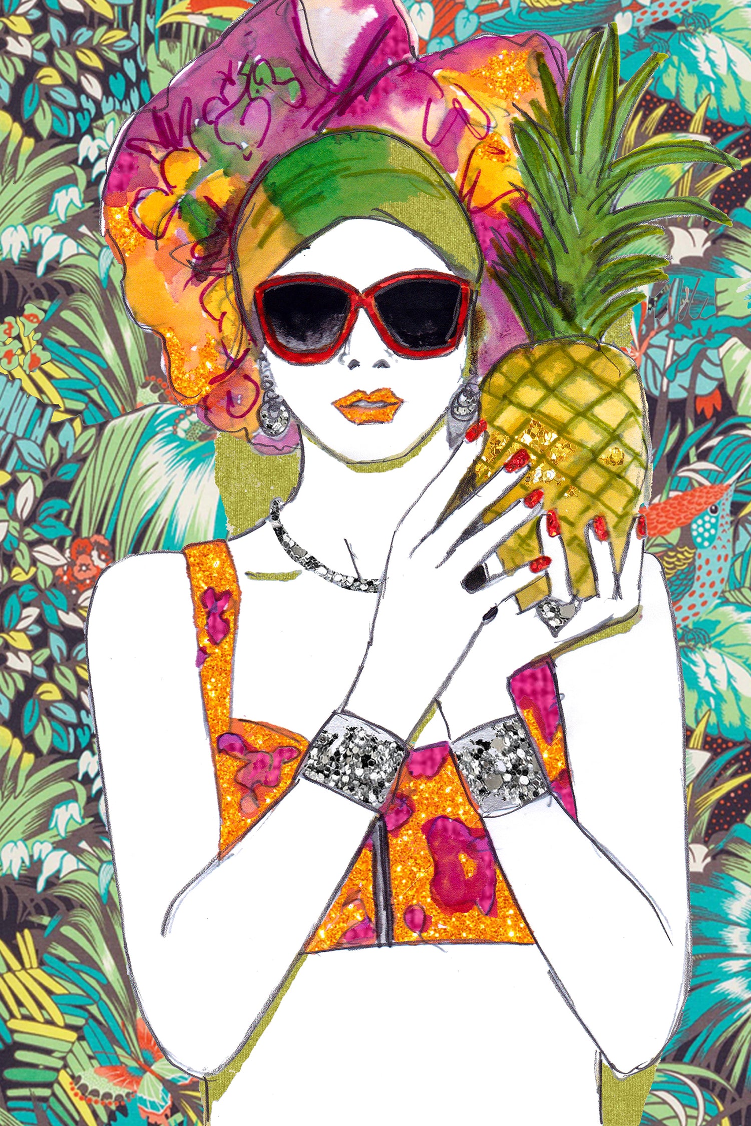 Image of an illustration created in pencil, ink and collage of a woman holding a pineapple.