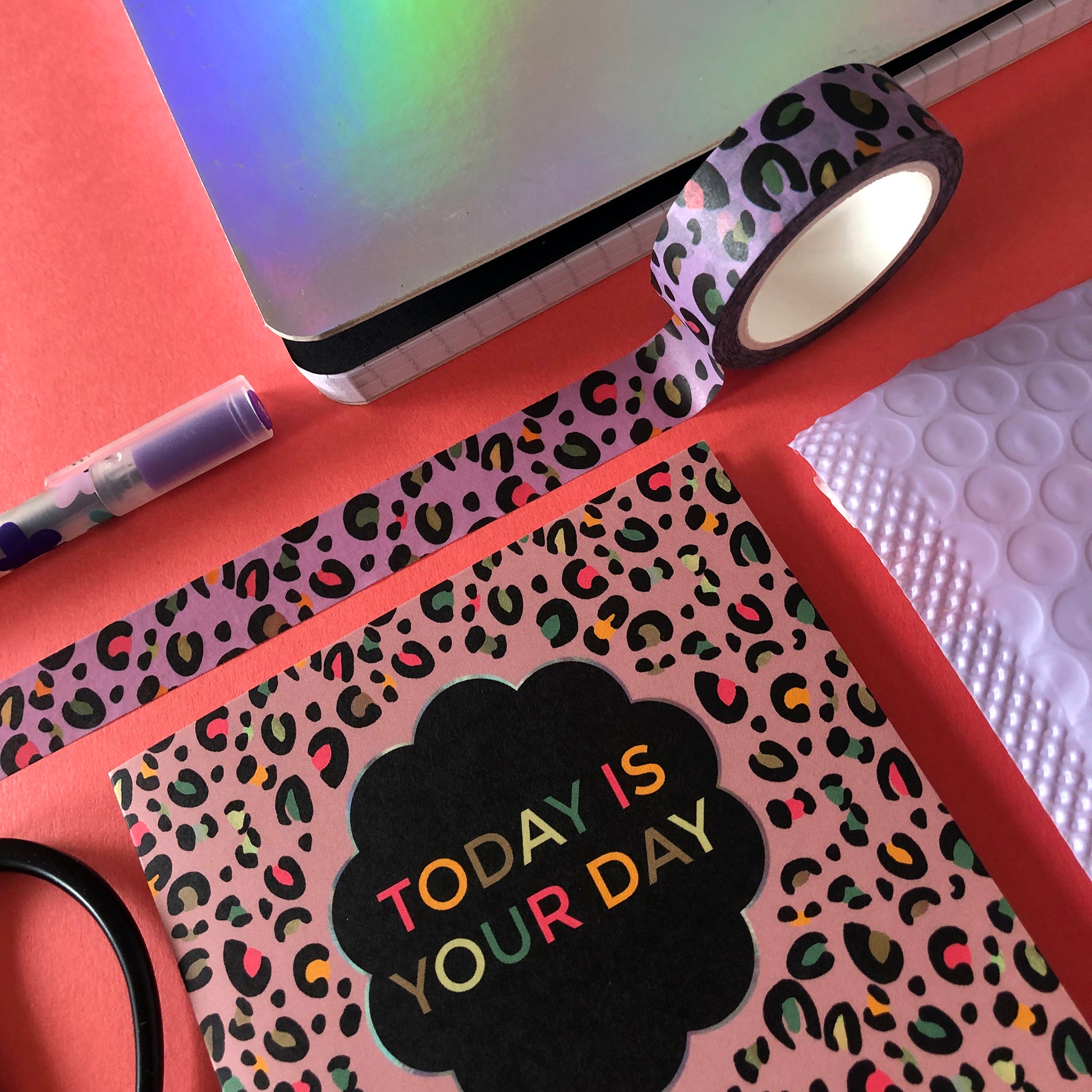 Image shows a stylish purple leopard print washi tape with pops of neon colour