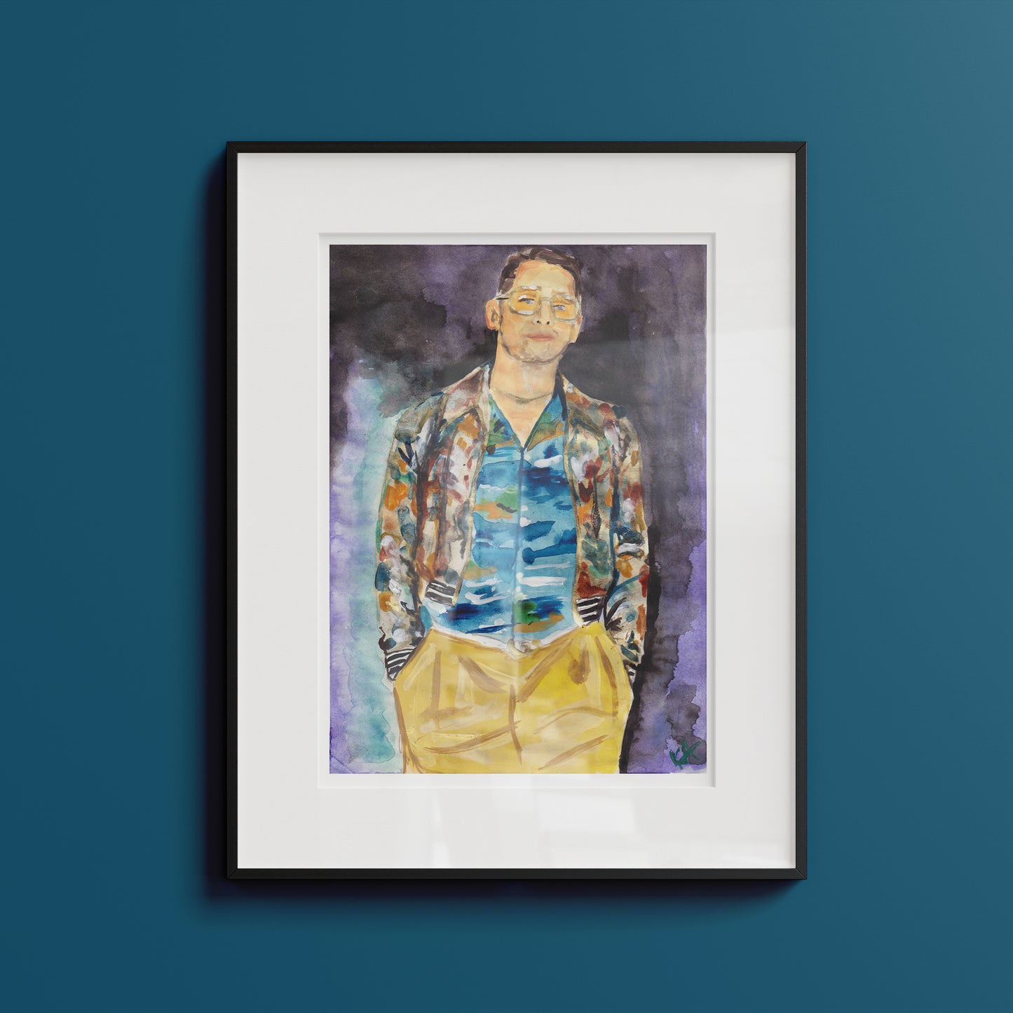Image shows a framed fashion illustration of Gucci's Love Parade featuring actor Macaukley Culkin in a patterned jacket and shirt