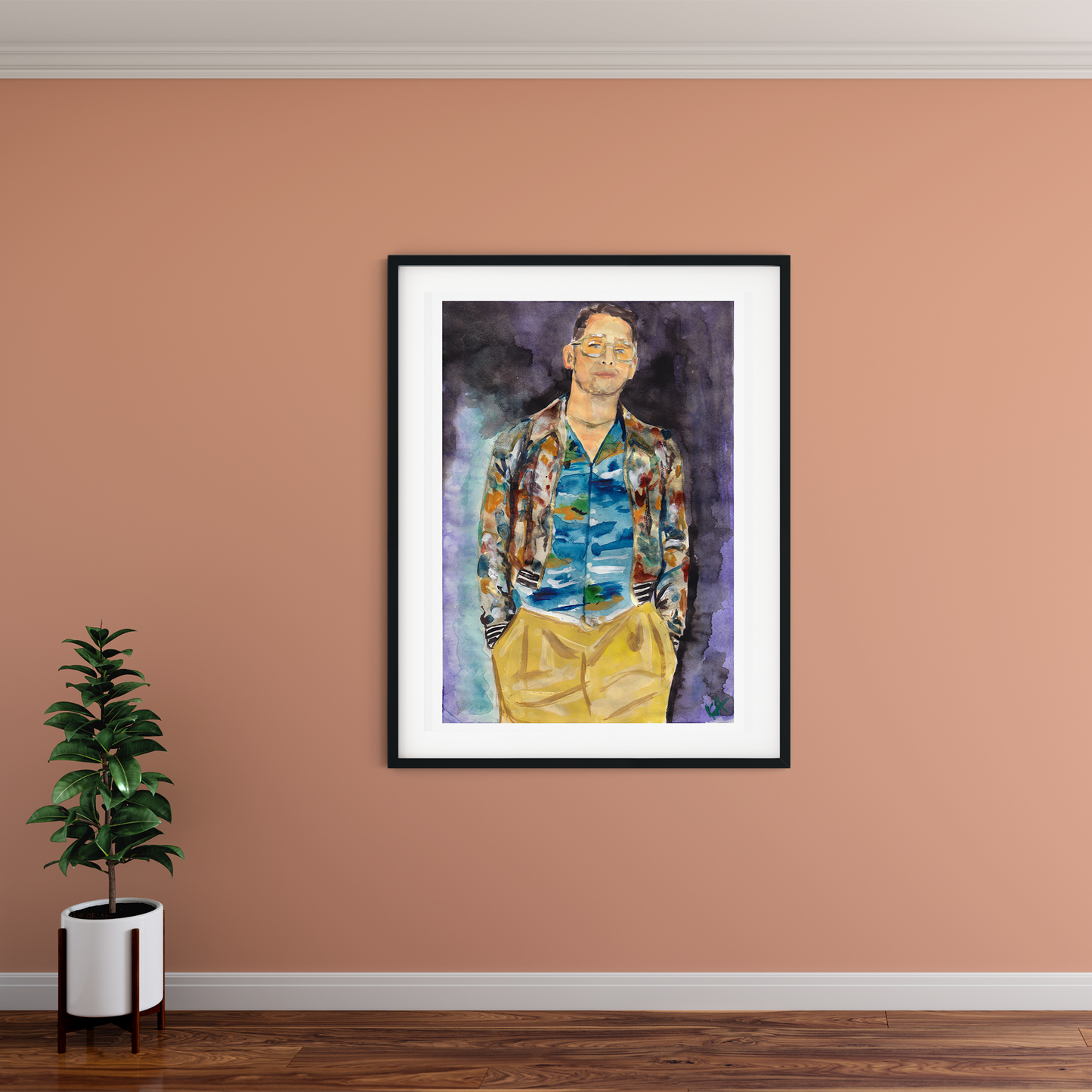 Image shows a framed fashion illustration of Gucci's Love Parade featuring actor Macaukley Culkin in a patterned jacket and shirt
