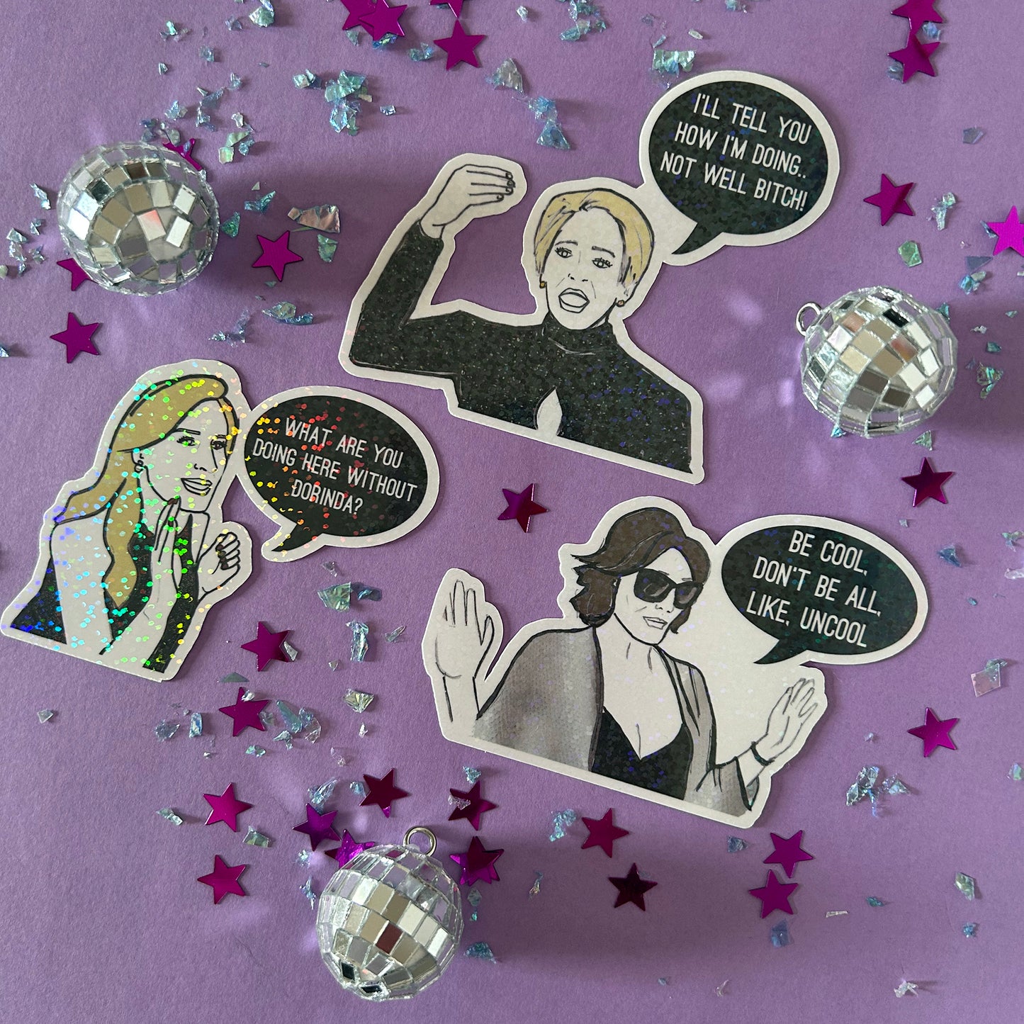 Sticker set with character designs and text bubbles on a purple background with disco balls and stars.