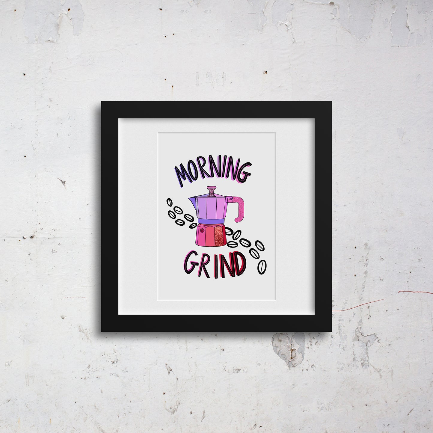 Image shows a framed illustration of a stovetop espresso maker in shades of pink and purple with ink drawn coffee beans behind it. Modern graphic lettering reads Morning Grind.