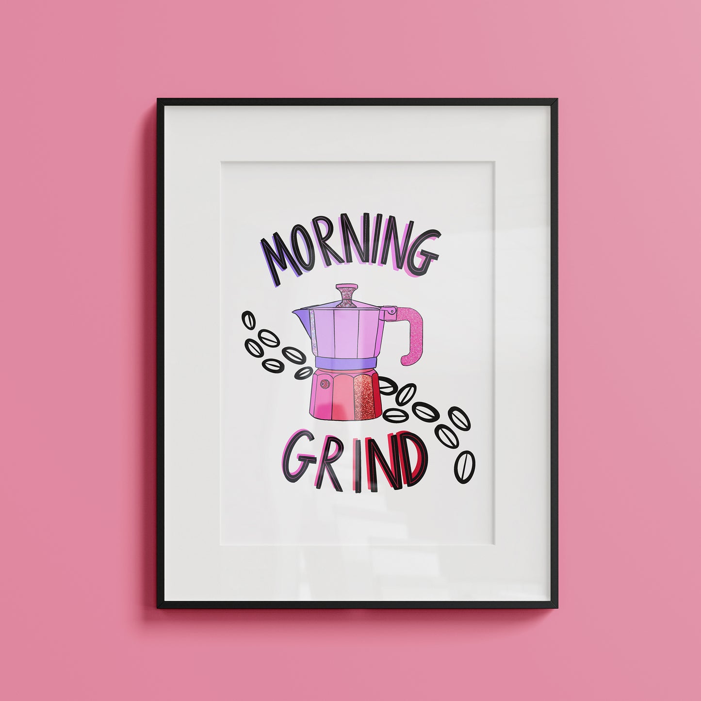 Image shows a framed illustration of a stovetop espresso maker in shades of pink and purple with ink drawn coffee beans behind it. Modern graphic lettering reads Morning Grind.