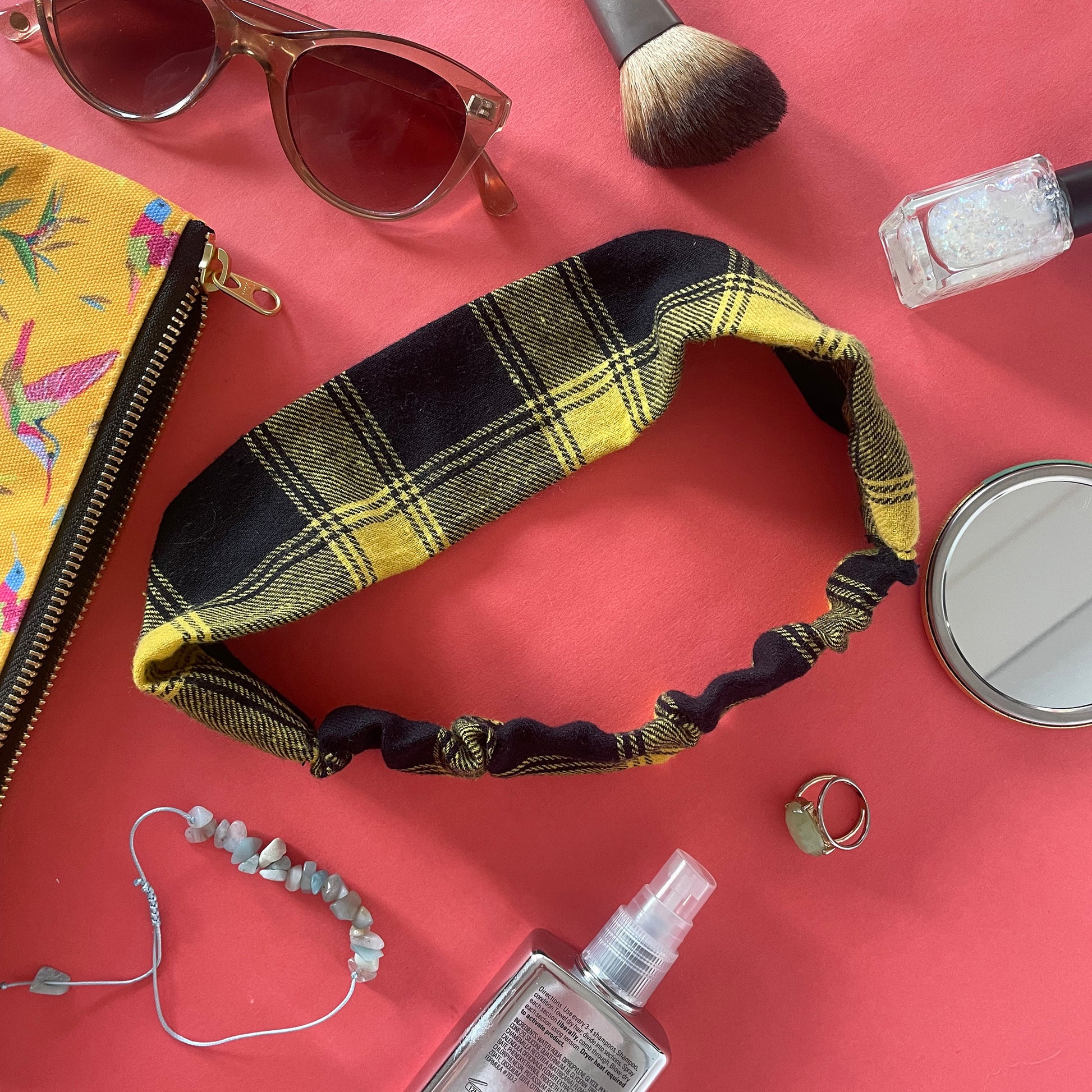 Image shows a super soft mustard plaid hair band.