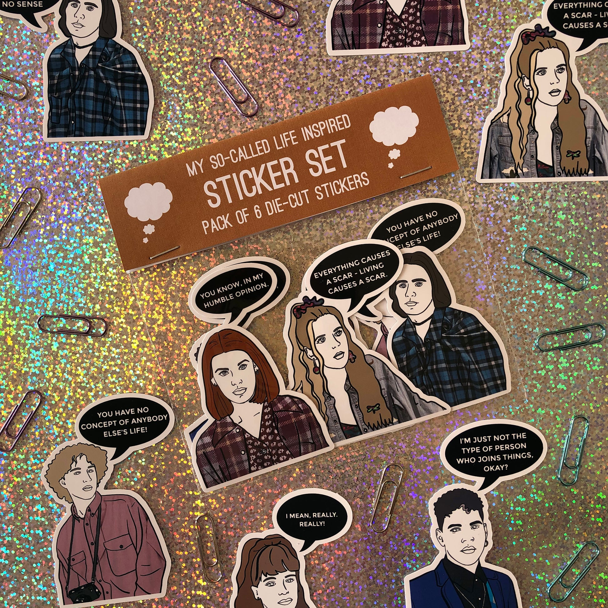 Image shows a fun set of stickers inspired by 90s tv series My So Called Life