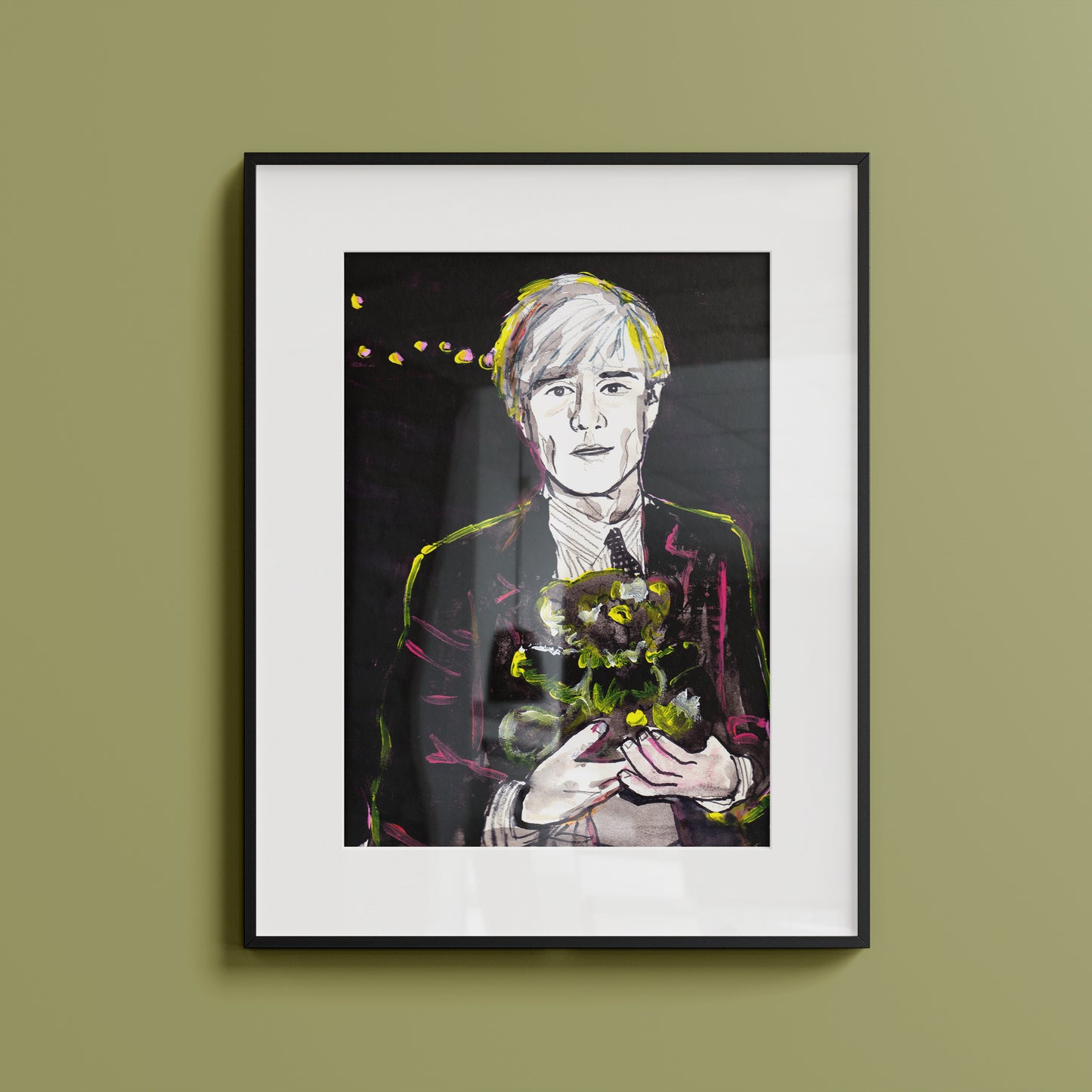 Image shows a framed portrait of artist Andy Warhol holding a teddy bear. The artwork is painted in black and white with neon pink and yellow highlights.