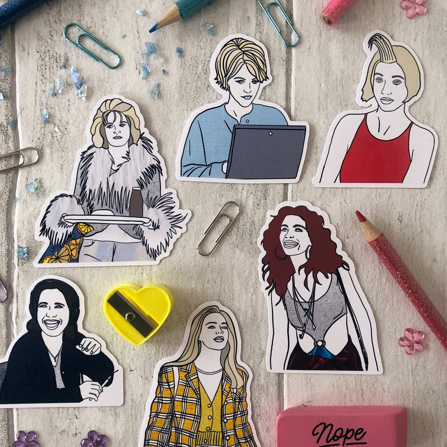 Image shows a fun set of stickers inspired by 90s rom com movies