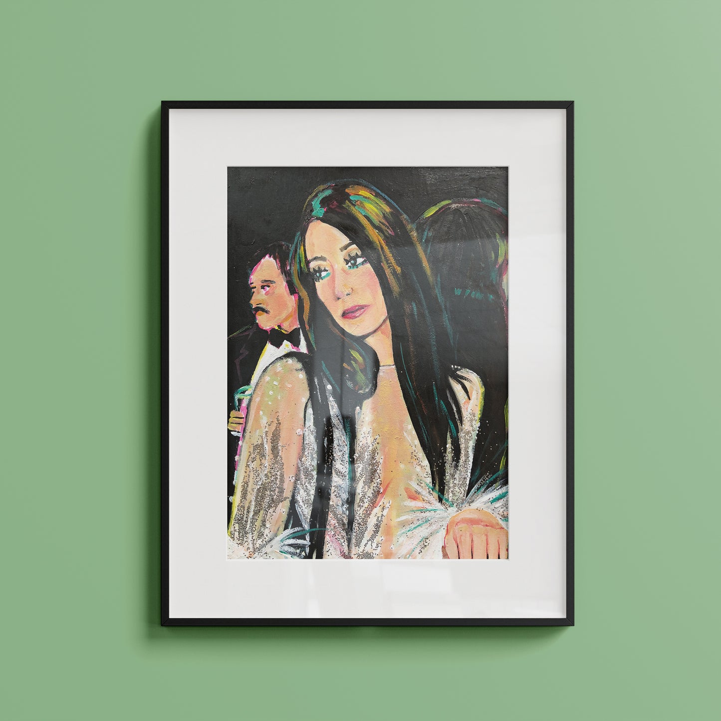 Image shows a framed portrait of Cher at studio 54 wearing a silver sparkly outfit with feathered sleeves.